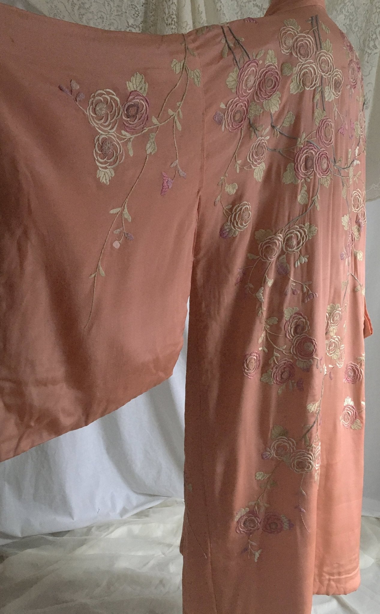 Antique 1900’s Japanese Kimono Robe | Coral Pink Silk with Pastel Floral Embroidery & Tassel Sash | Size Free - Daggers & Dames
