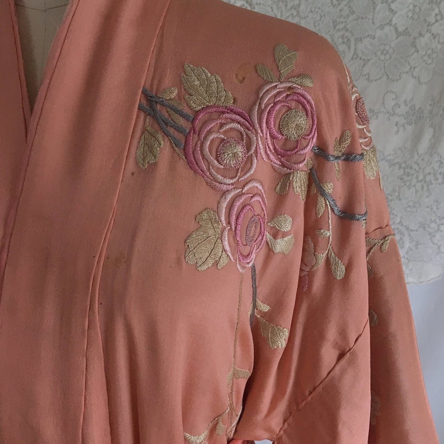 Antique 1900’s Japanese Kimono Robe | Coral Pink Silk with Pastel Floral Embroidery & Tassel Sash | Size Free - Daggers & Dames