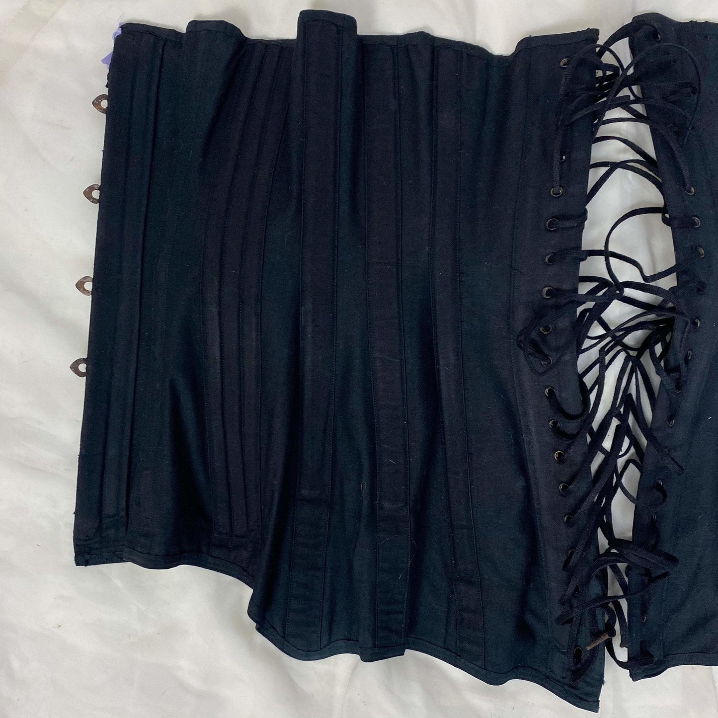 Antique 1900's Late Victorian, Early Edwardian Corset | Black Cotton with Lavender Silk Ribbon & Eyelet Lace | Size 24-28 | Made in Spain - Daggers & Dames