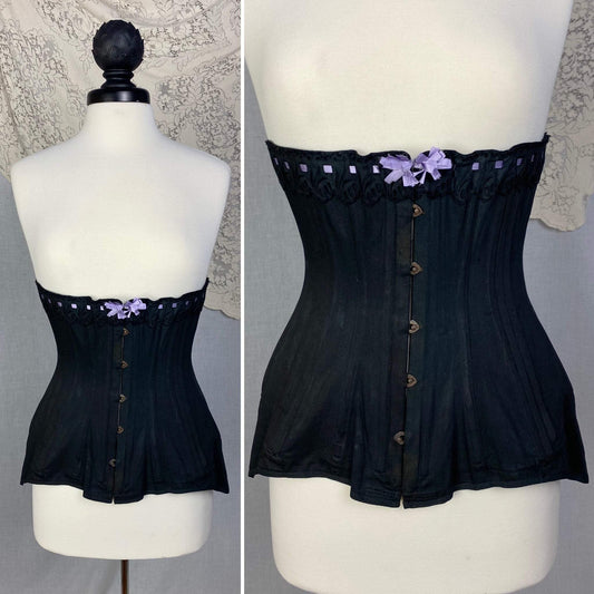 Antique 1900's Late Victorian, Early Edwardian Corset | Black Cotton with Lavender Silk Ribbon & Eyelet Lace | Size 24-28 | Made in Spain - Daggers & Dames