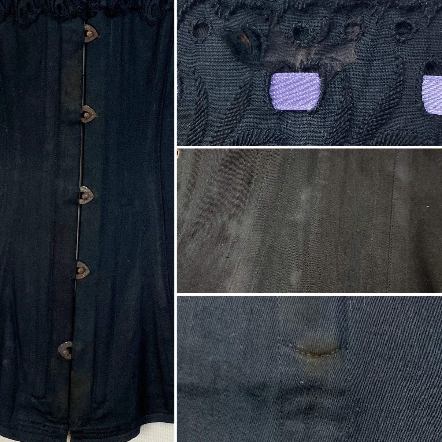 Antique 1900's Late Victorian, Early Edwardian Corset | Black Cotton with Lavender Silk Ribbon & Eyelet Lace | Size 24-28 | Made in Spain - Daggers & Dames