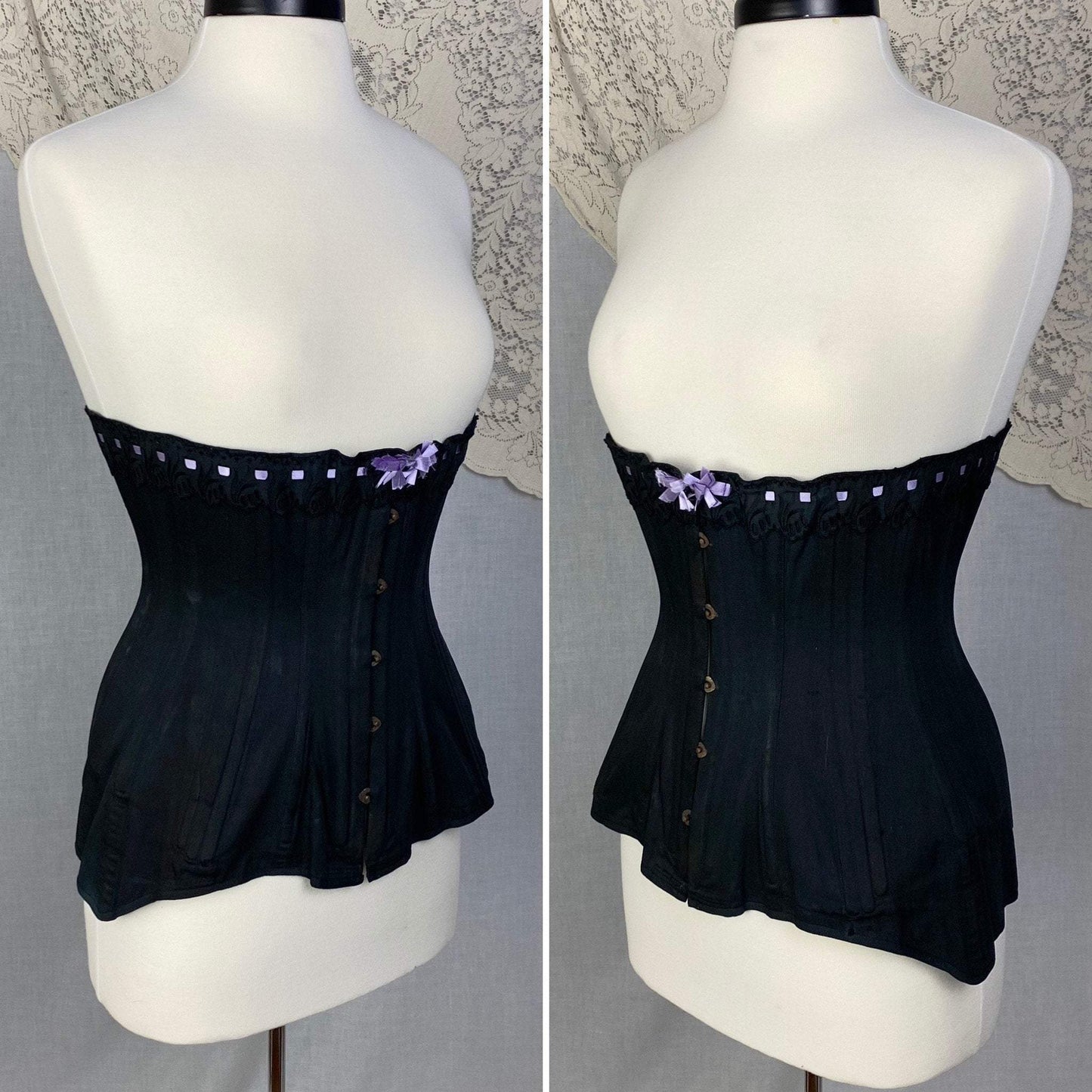 Antique 1900's Late Victorian, Early Edwardian Corset | Black Cotton with Lavender Silk Ribbon & Eyelet Lace | Size 24-28 | Made in Spain - Daggers & Dames