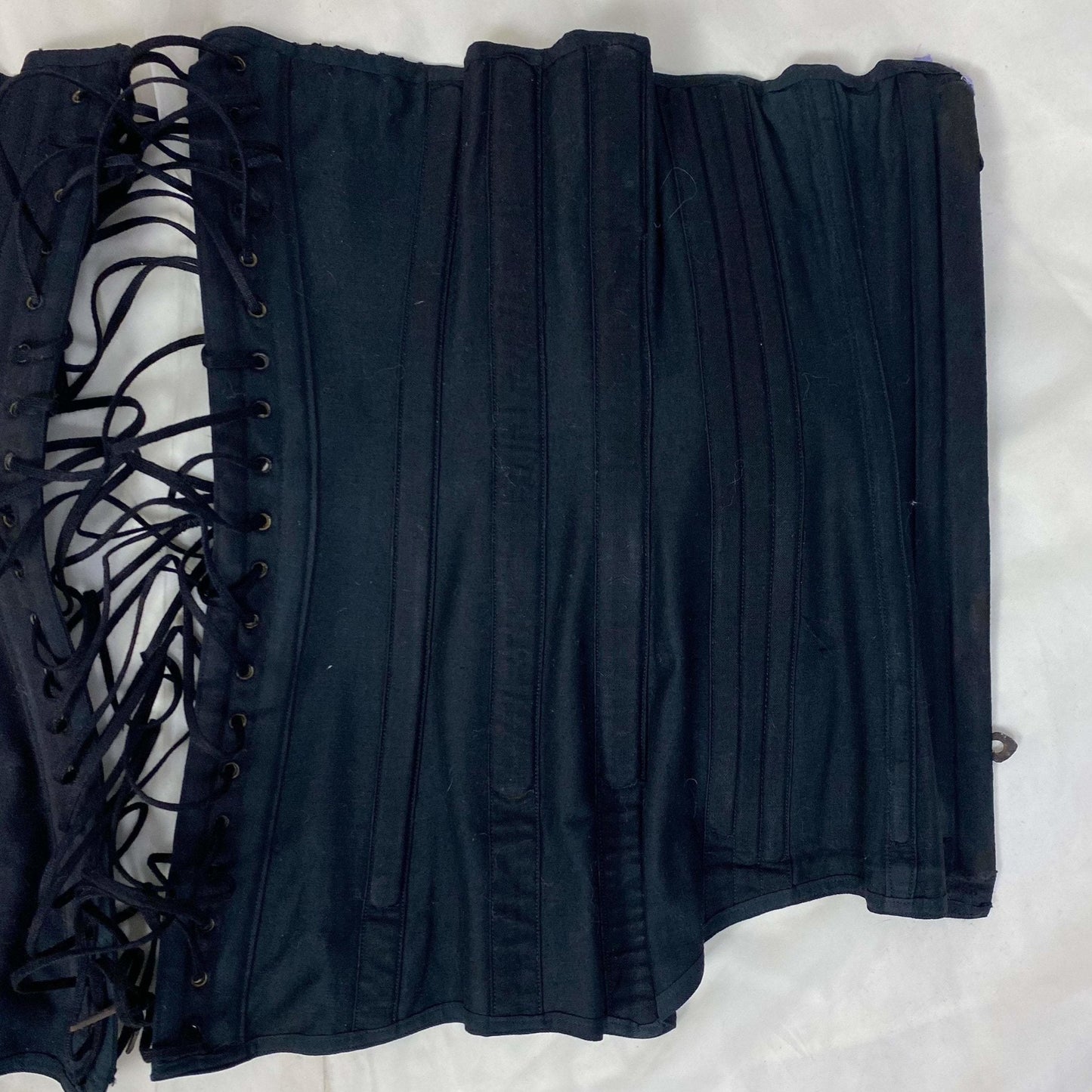 Antique 1900's Late Victorian, Early Edwardian Corset | Black Cotton with Lavender Silk Ribbon & Eyelet Lace | Size 24-28 | Made in Spain - Daggers & Dames