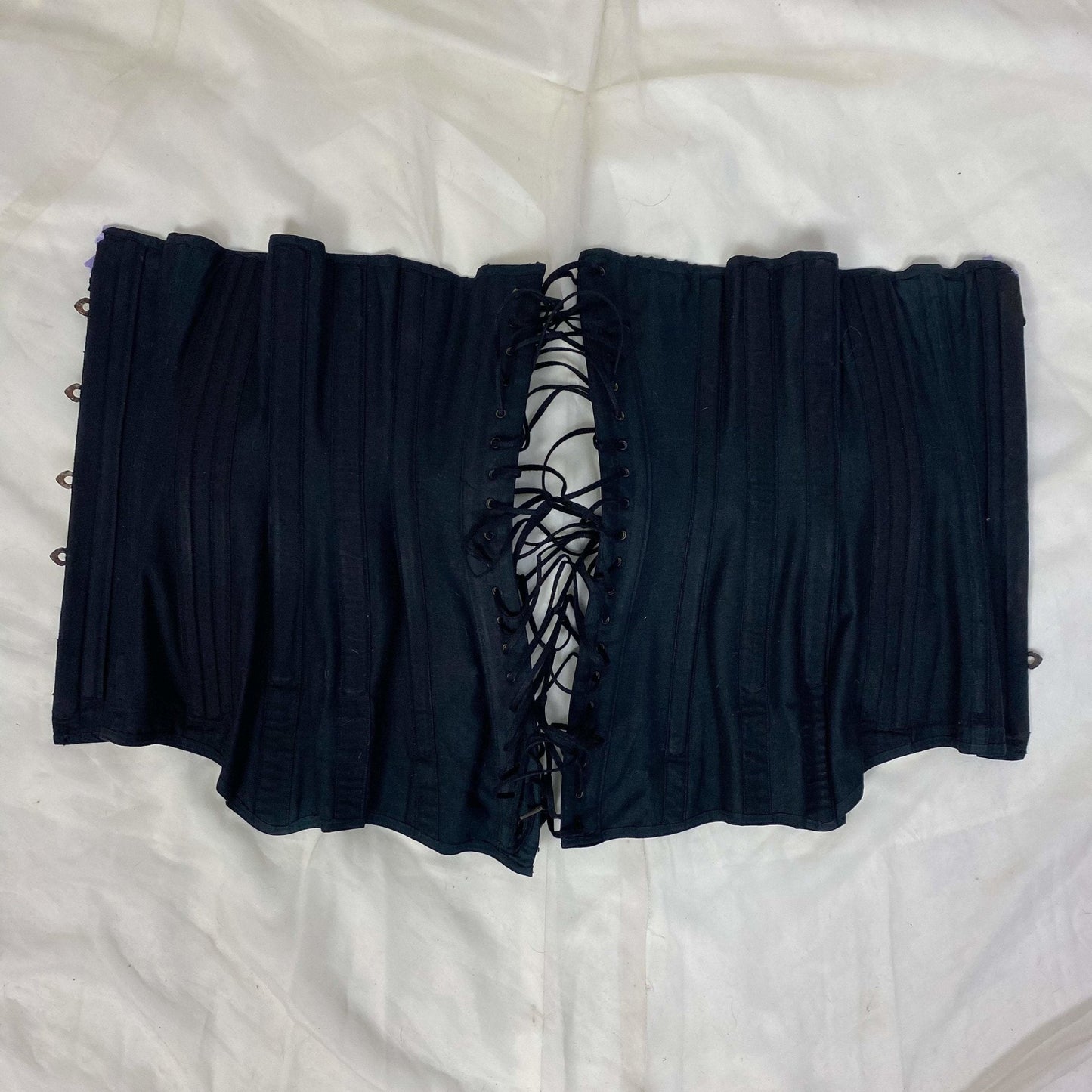 Antique 1900's Late Victorian, Early Edwardian Corset | Black Cotton with Lavender Silk Ribbon & Eyelet Lace | Size 24-28 | Made in Spain - Daggers & Dames