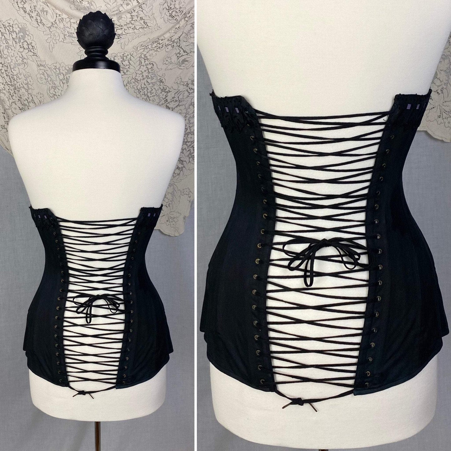 Antique 1900's Late Victorian, Early Edwardian Corset | Black Cotton with Lavender Silk Ribbon & Eyelet Lace | Size 24-28 | Made in Spain - Daggers & Dames