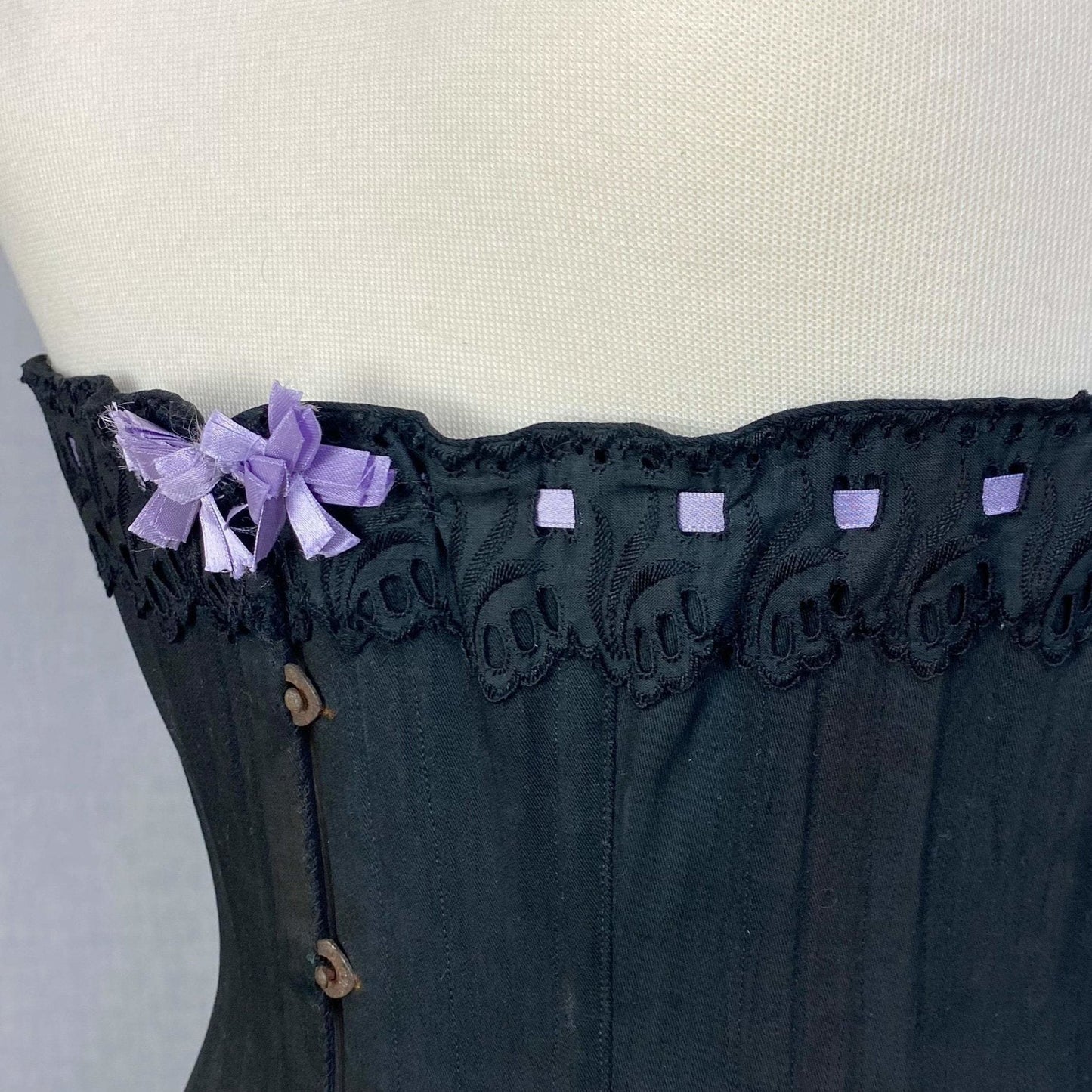Antique 1900's Late Victorian, Early Edwardian Corset | Black Cotton with Lavender Silk Ribbon & Eyelet Lace | Size 24-28 | Made in Spain - Daggers & Dames