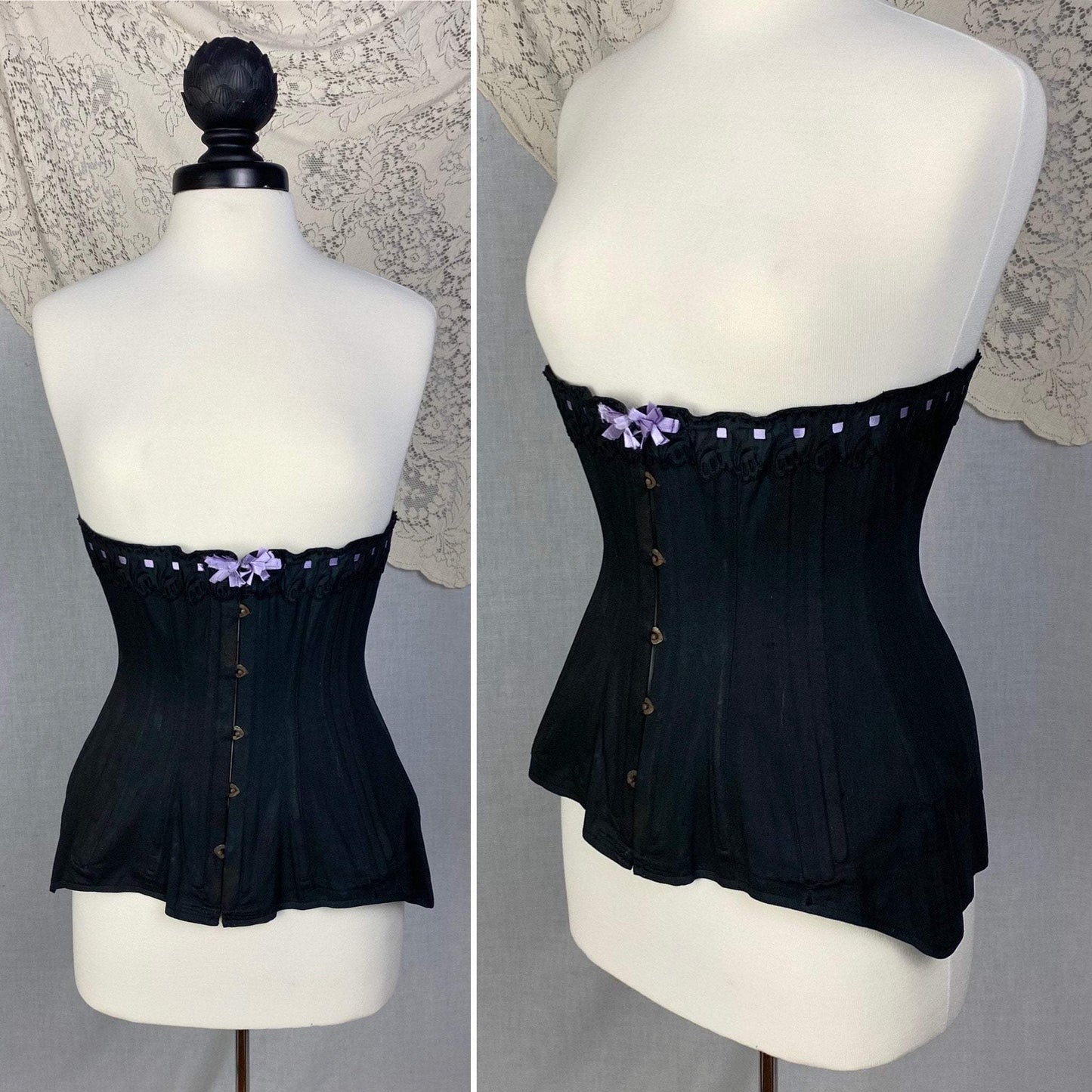 Antique 1900's Late Victorian, Early Edwardian Corset | Black Cotton with Lavender Silk Ribbon & Eyelet Lace | Size 24-28 | Made in Spain - Daggers & Dames