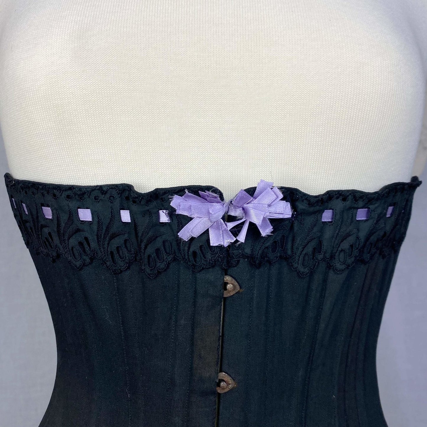 Antique 1900's Late Victorian, Early Edwardian Corset | Black Cotton with Lavender Silk Ribbon & Eyelet Lace | Size 24-28 | Made in Spain - Daggers & Dames