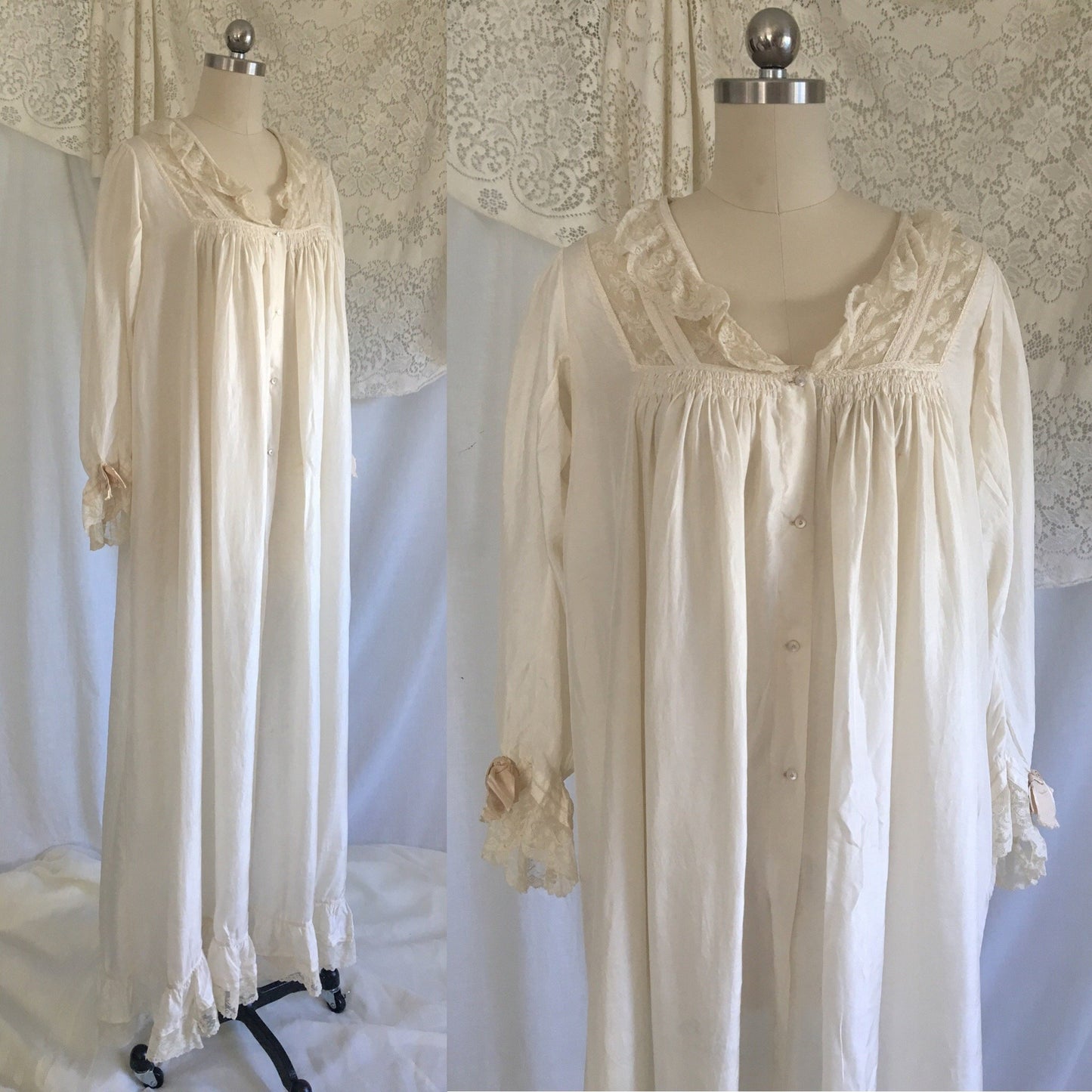 Antique 1900's Victorian Nightgown | White silk with Ruffled Valenciennes Lace & Mother of Pearl Buttons | Size S, MED - Daggers & Dames