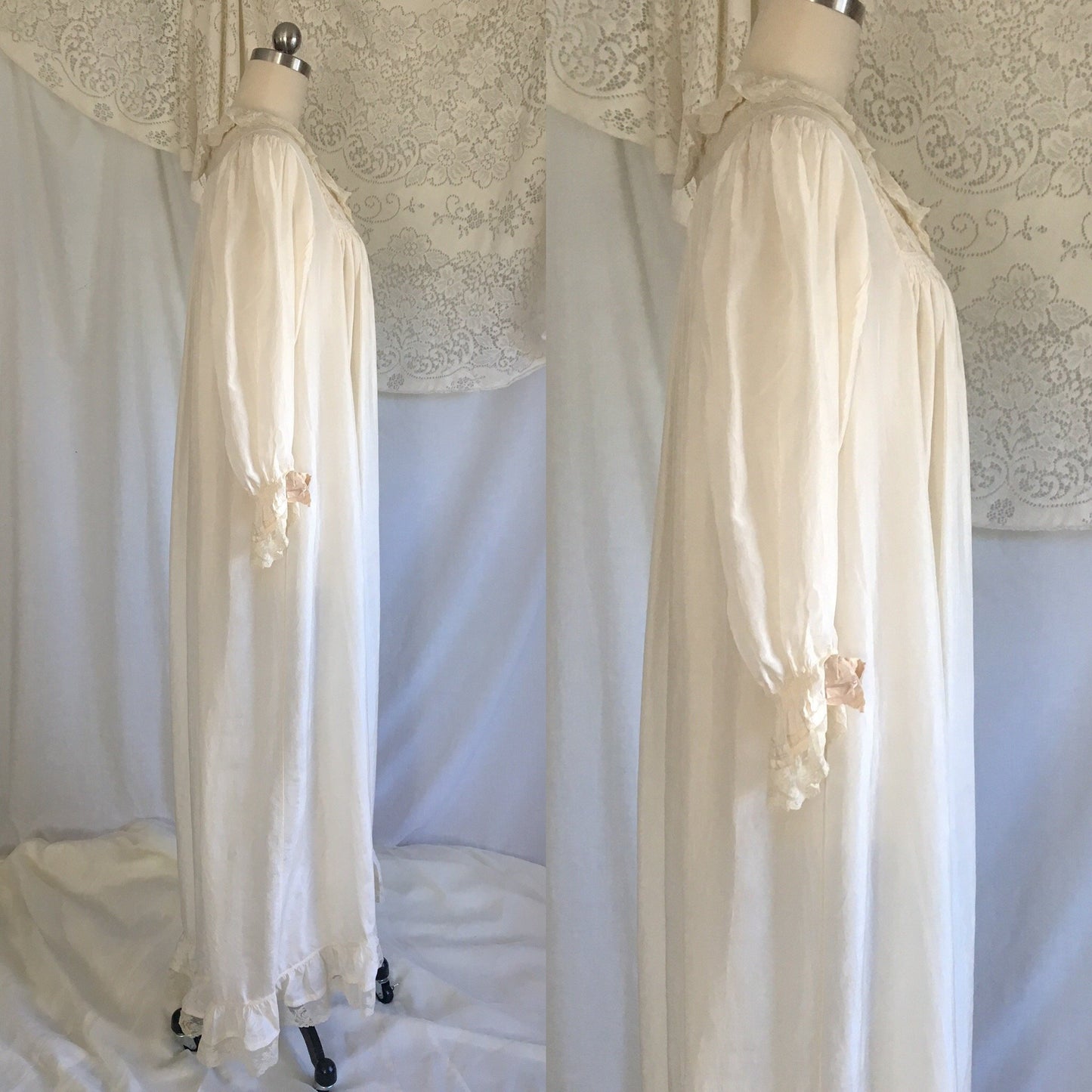 Antique 1900's Victorian Nightgown | White silk with Ruffled Valenciennes Lace & Mother of Pearl Buttons | Size S, MED - Daggers & Dames