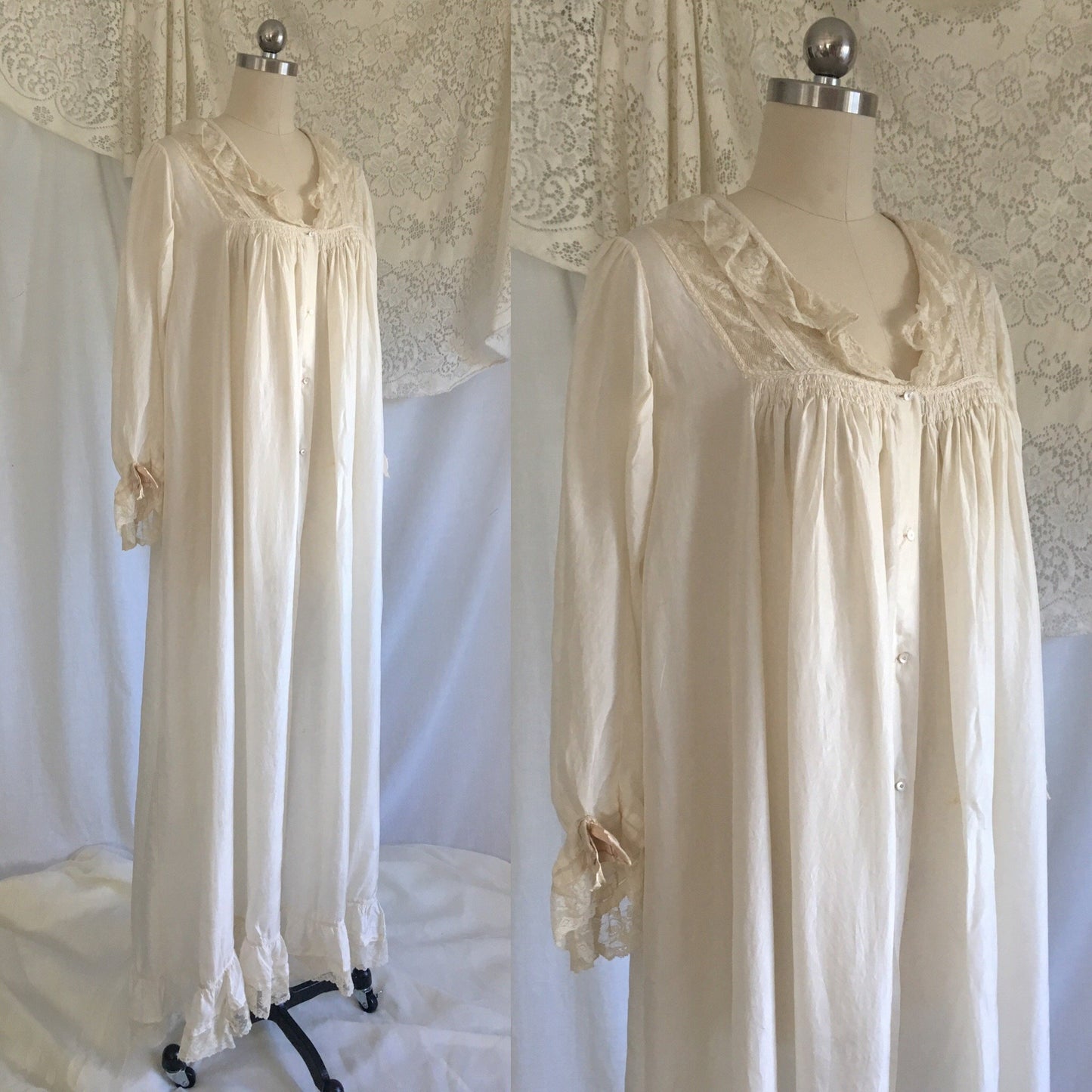 Antique 1900's Victorian Nightgown | White silk with Ruffled Valenciennes Lace & Mother of Pearl Buttons | Size S, MED - Daggers & Dames
