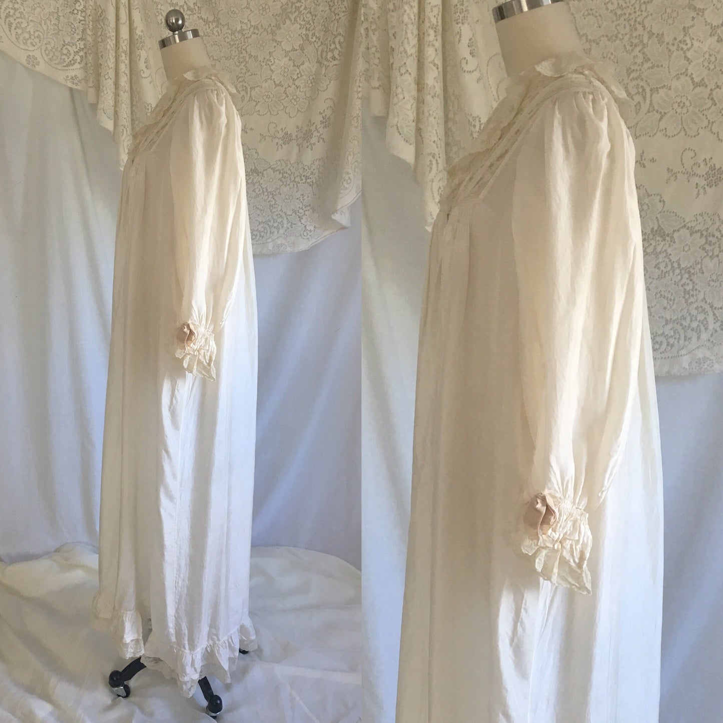Antique 1900's Victorian Nightgown | White silk with Ruffled Valenciennes Lace & Mother of Pearl Buttons | Size S, MED - Daggers & Dames