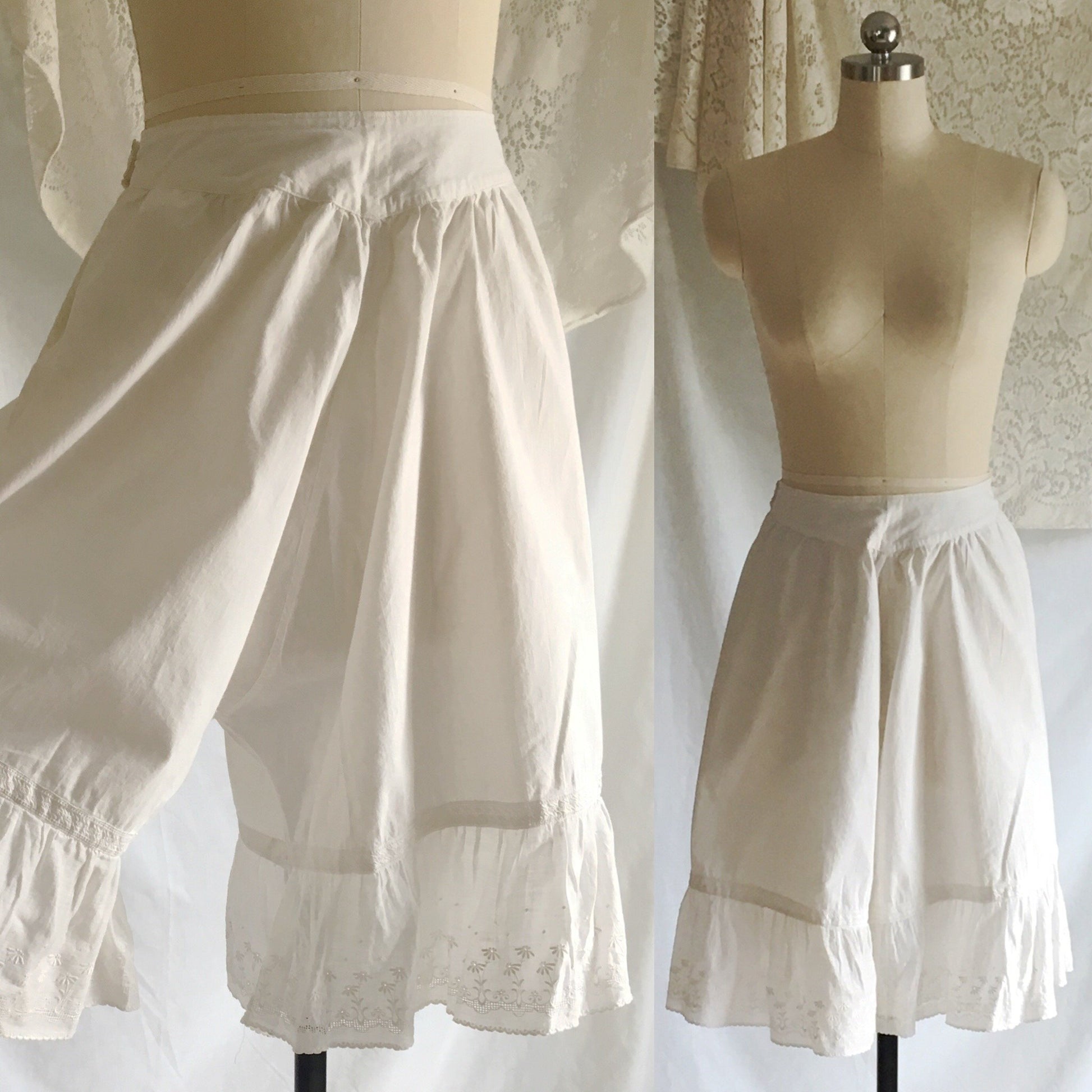 Antique 1910's Edwardian Bloomers | White Cotton with Eyelet Lace & Closed Crotch | Size M - Daggers & Dames