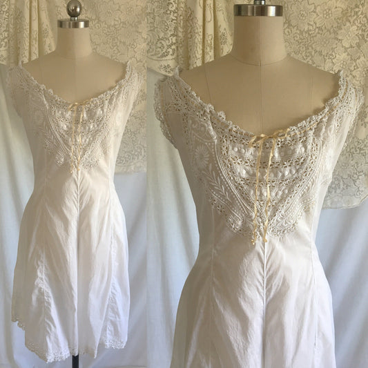 Antique 1910's Edwardian Camiknickers | White Cotton Linen Teddy with Embroidery & Eyelet Lace | Size S, MED - Daggers & Dames