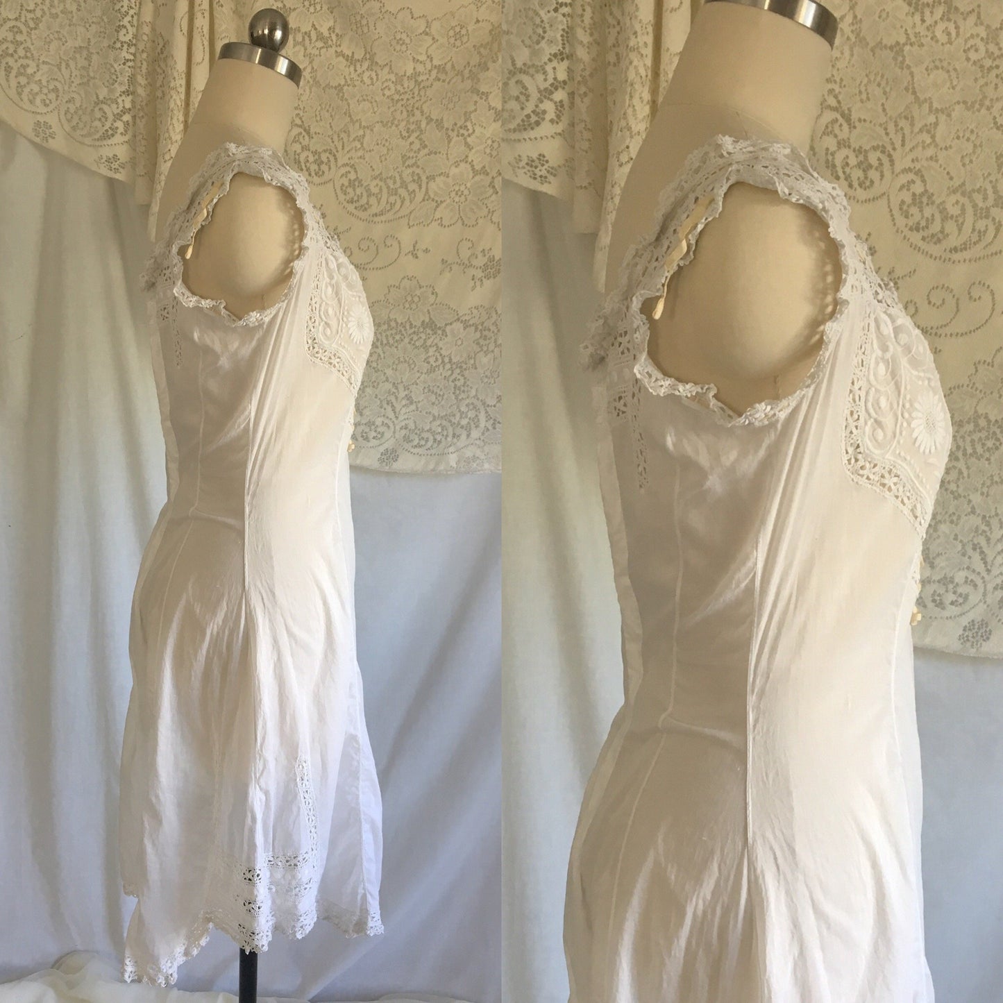 Antique 1910's Edwardian Camiknickers | White Cotton Linen Teddy with Embroidery & Eyelet Lace | Size S, MED - Daggers & Dames