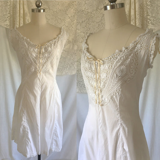 Antique 1910's Edwardian Camiknickers | White Cotton Linen Teddy with Embroidery & Eyelet Lace | Size S, MED - Daggers & Dames