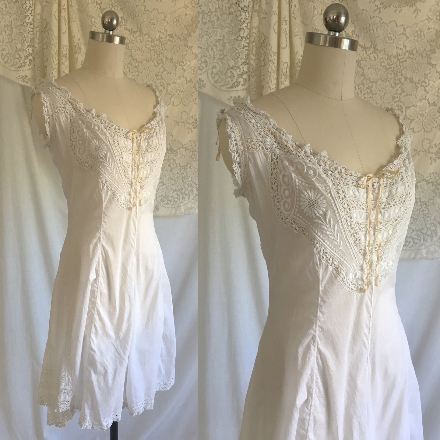 Antique 1910's Edwardian Camiknickers | White Cotton Linen Teddy with Embroidery & Eyelet Lace | Size S, MED - Daggers & Dames