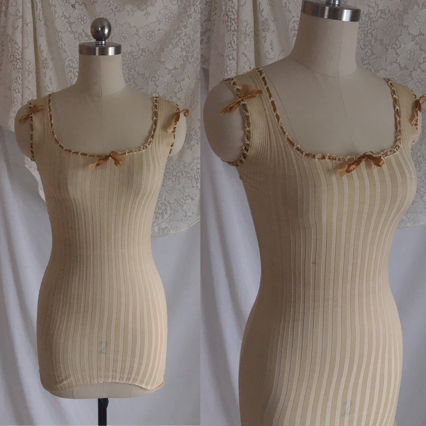 Antique 1910's Edwardian Camisole | Champagne Silk & Cotton Knit with Caramel Ribbon | Size XXS, XS - Daggers & Dames