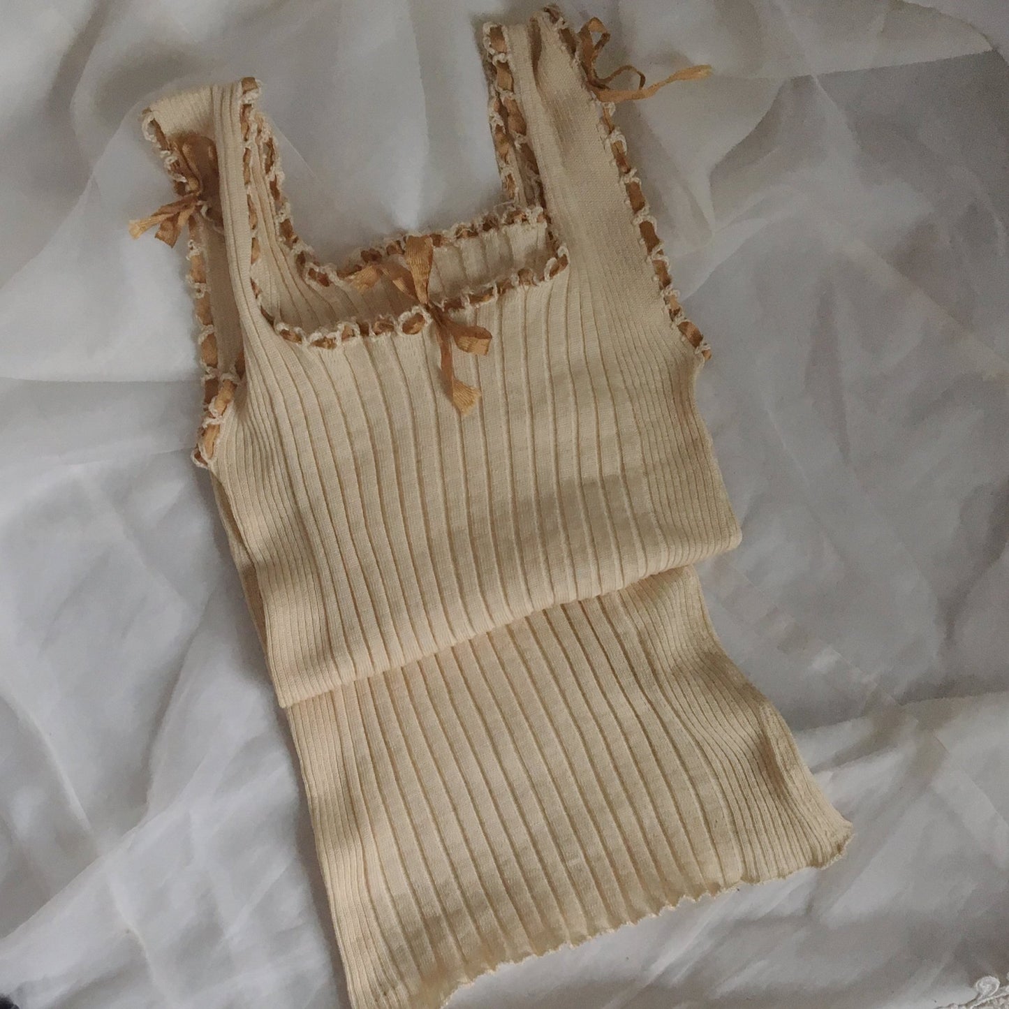 Antique 1910's Edwardian Camisole | Champagne Silk & Cotton Knit with Caramel Ribbon | Size XXS, XS - Daggers & Dames