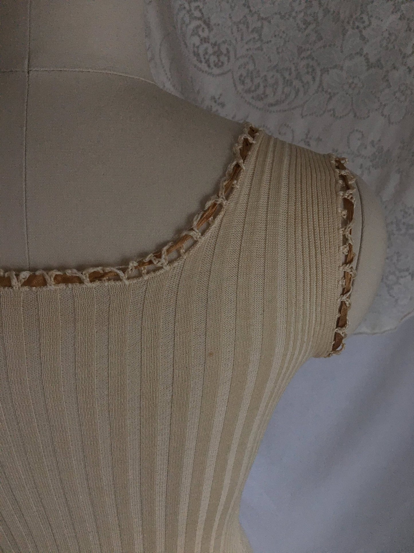 Antique 1910's Edwardian Camisole | Champagne Silk & Cotton Knit with Caramel Ribbon | Size XXS, XS - Daggers & Dames