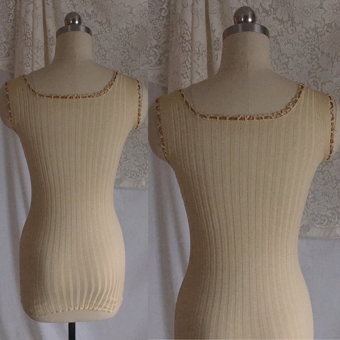 Antique 1910's Edwardian Camisole | Champagne Silk & Cotton Knit with Caramel Ribbon | Size XXS, XS - Daggers & Dames