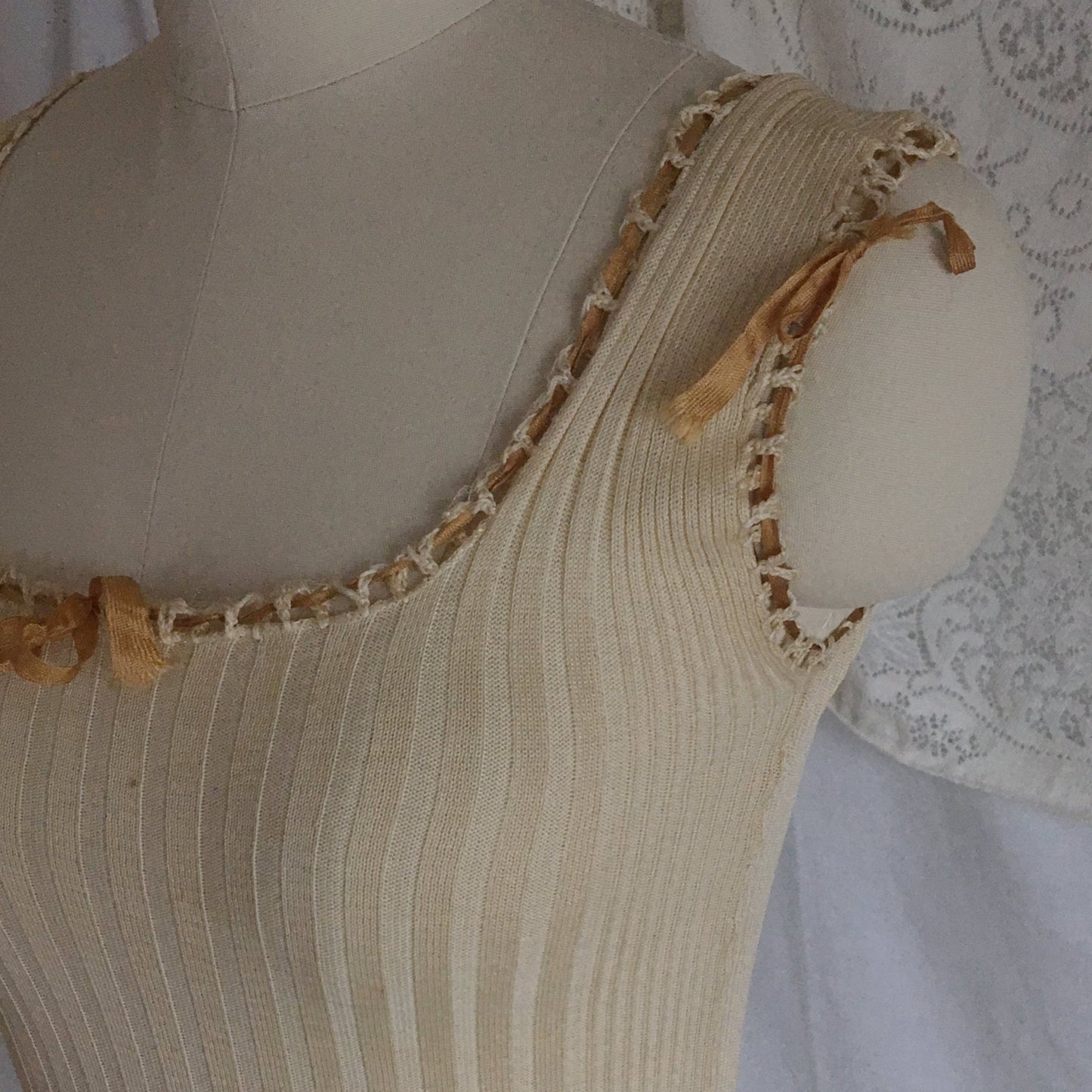 Antique 1910's Edwardian Camisole | Champagne Silk & Cotton Knit with Caramel Ribbon | Size XXS, XS - Daggers & Dames