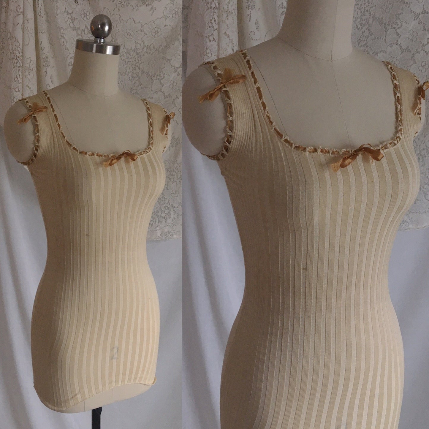 Antique 1910's Edwardian Camisole | Champagne Silk & Cotton Knit with Caramel Ribbon | Size XXS, XS - Daggers & Dames