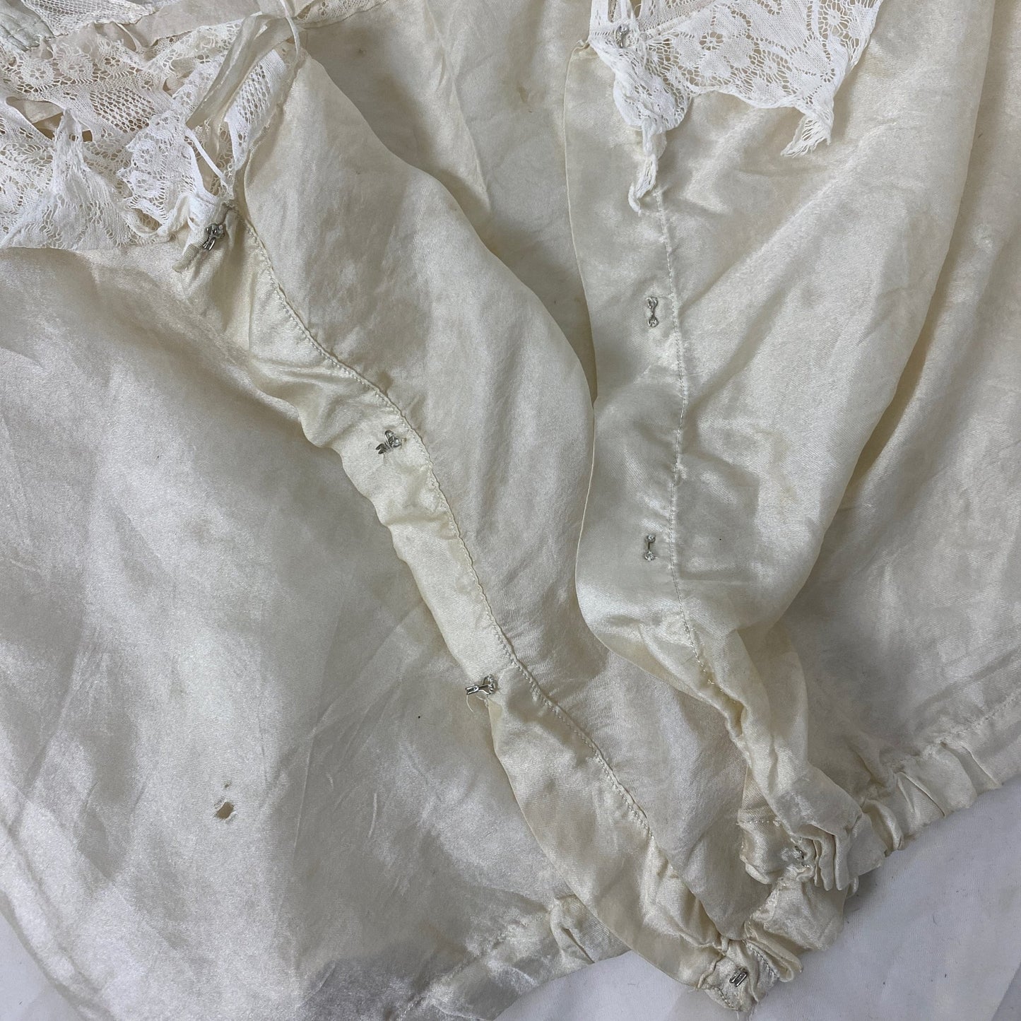 Antique 1910's Edwardian Camisole | Champagne Tissue Silk with Chantilly Lace & Aqua Blue Straps | Size XXS, XS - Daggers & Dames