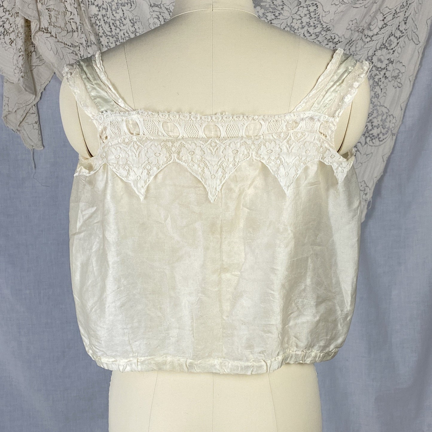 Antique 1910's Edwardian Camisole | Champagne Tissue Silk with Chantilly Lace & Aqua Blue Straps | Size XXS, XS - Daggers & Dames
