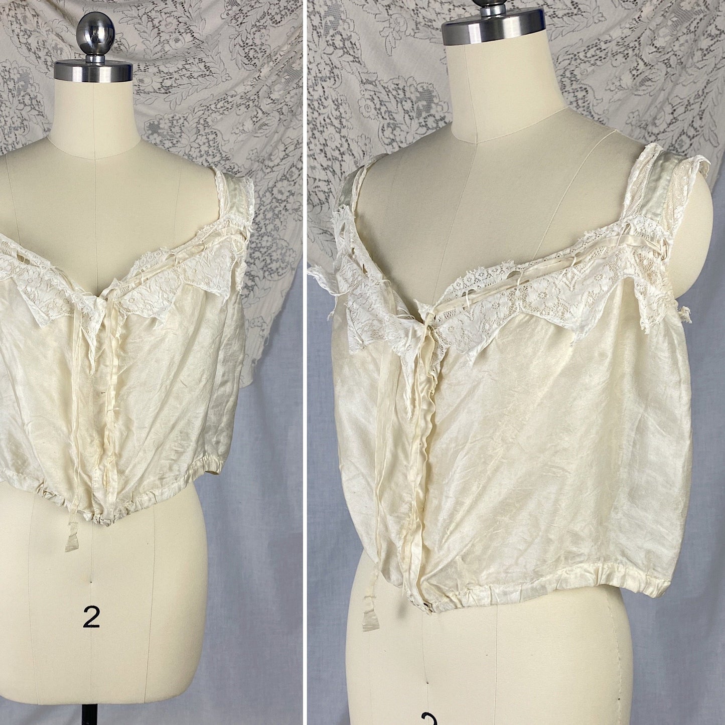 Antique 1910's Edwardian Camisole | Champagne Tissue Silk with Chantilly Lace & Aqua Blue Straps | Size XXS, XS - Daggers & Dames