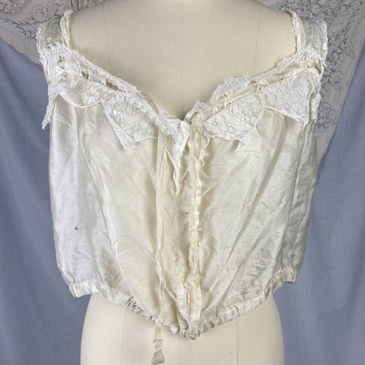 Antique 1910's Edwardian Camisole | Champagne Tissue Silk with Chantilly Lace & Aqua Blue Straps | Size XXS, XS - Daggers & Dames