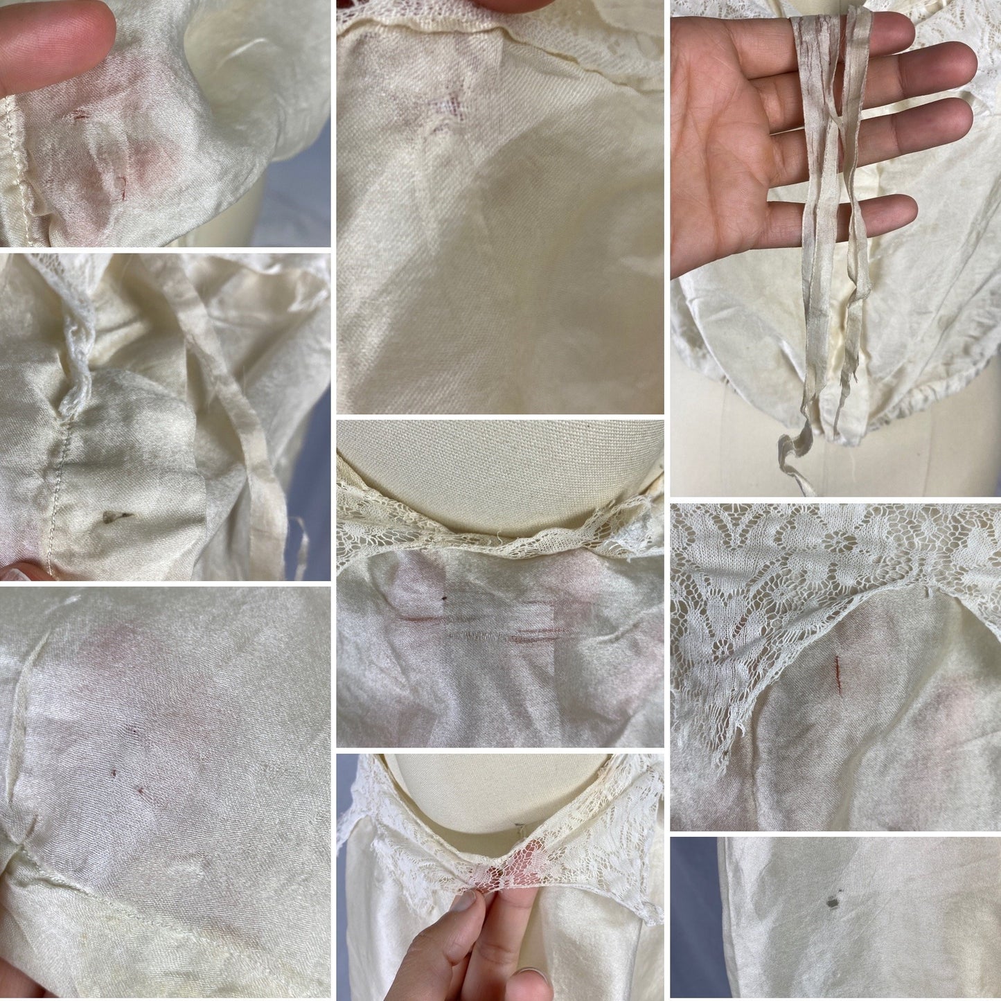 Antique 1910's Edwardian Camisole | Champagne Tissue Silk with Chantilly Lace & Aqua Blue Straps | Size XXS, XS - Daggers & Dames