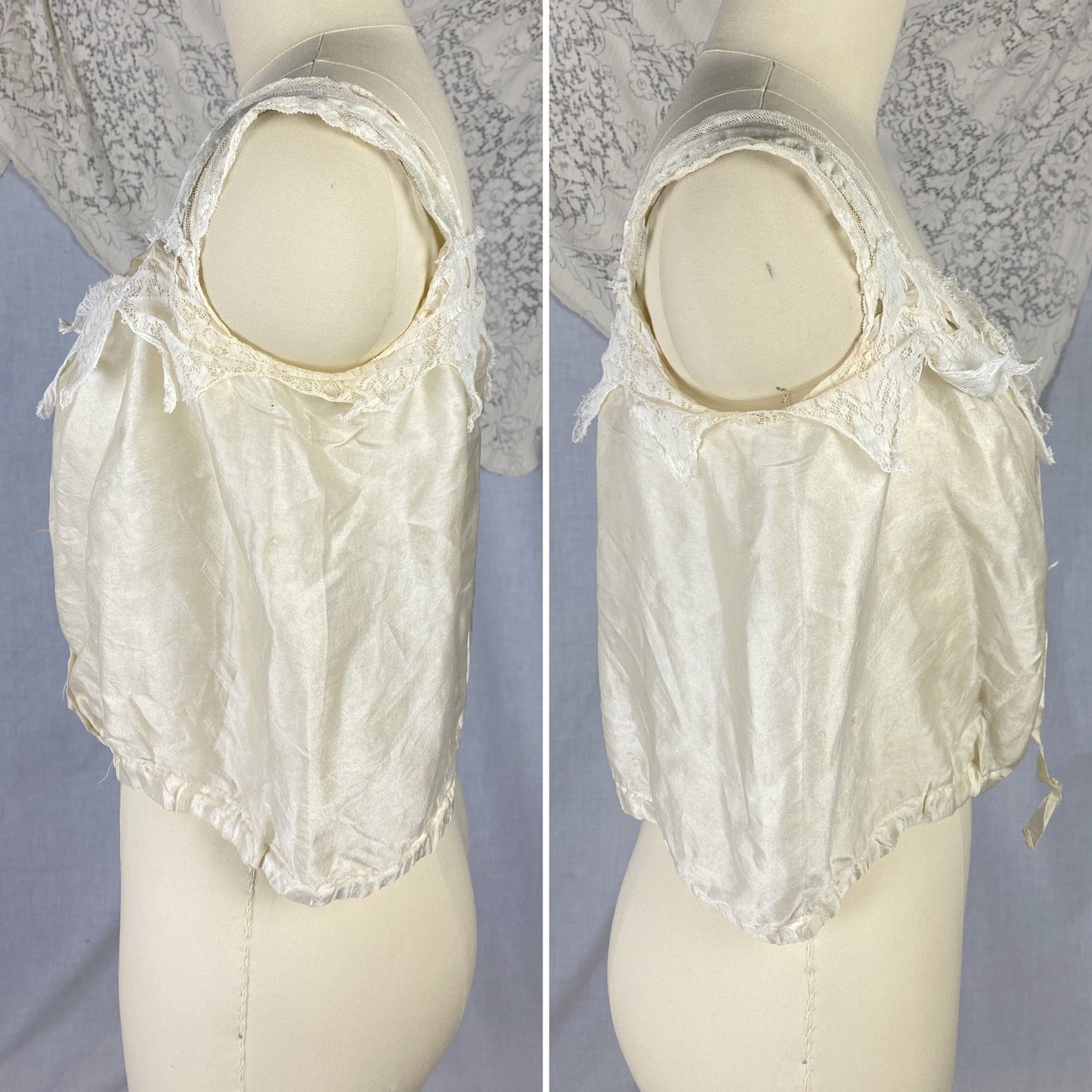 Antique 1910's Edwardian Camisole | Champagne Tissue Silk with Chantilly Lace & Aqua Blue Straps | Size XXS, XS - Daggers & Dames