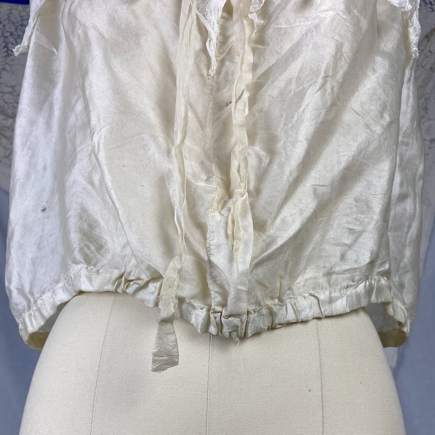 Antique 1910's Edwardian Camisole | Champagne Tissue Silk with Chantilly Lace & Aqua Blue Straps | Size XXS, XS - Daggers & Dames