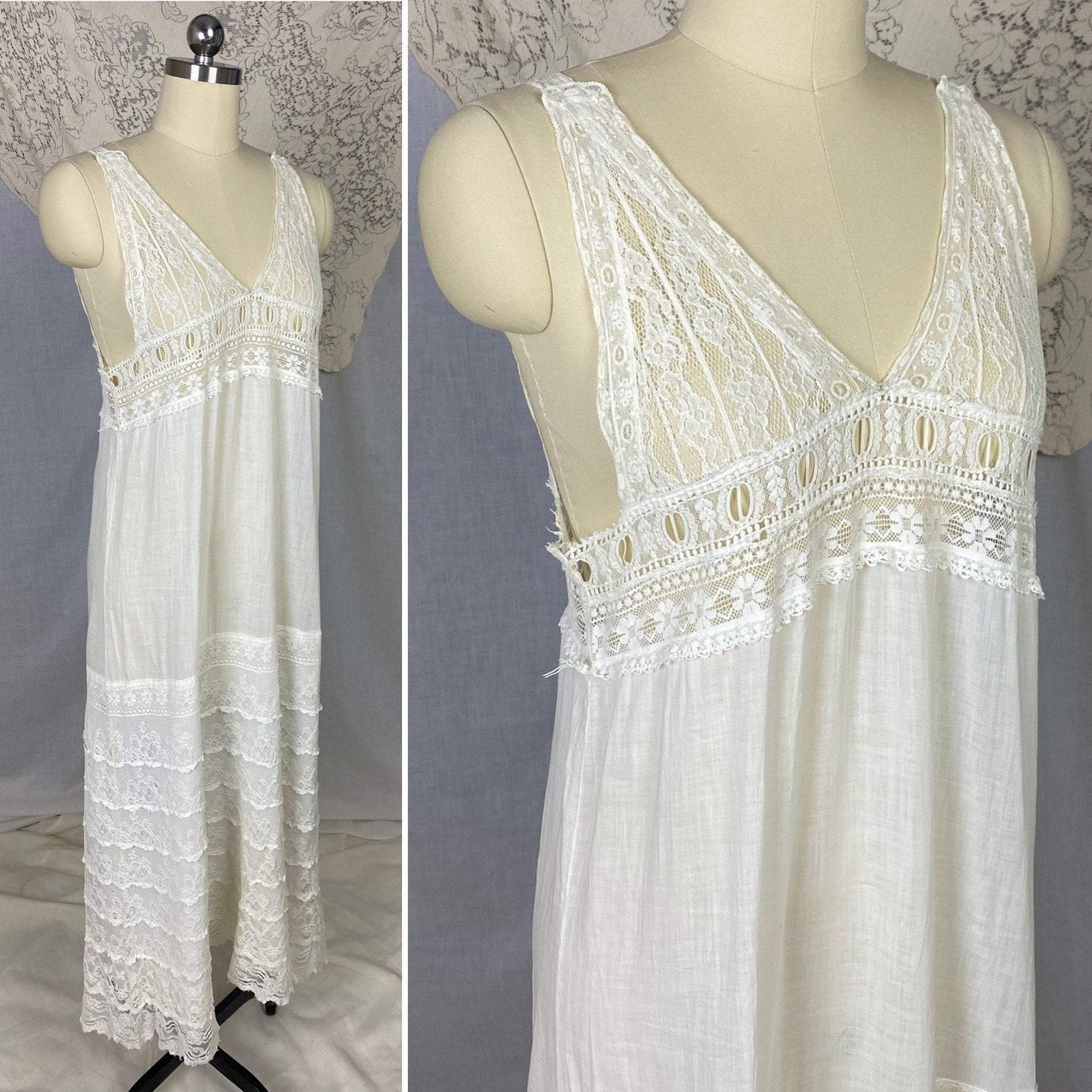 Antique 1910's Edwardian Chemise | Bright White Cotton Lawn with Valenciennes Lace | Size S, M - Daggers & Dames