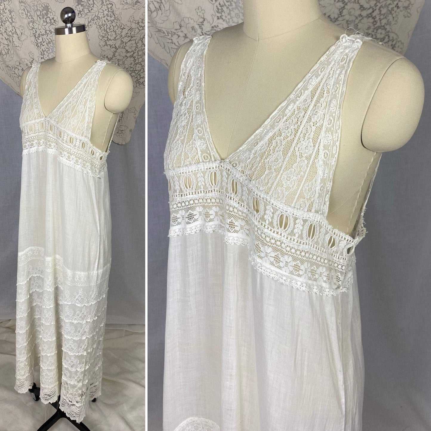 Antique 1910's Edwardian Chemise | Bright White Cotton Lawn with Valenciennes Lace | Size S, M - Daggers & Dames