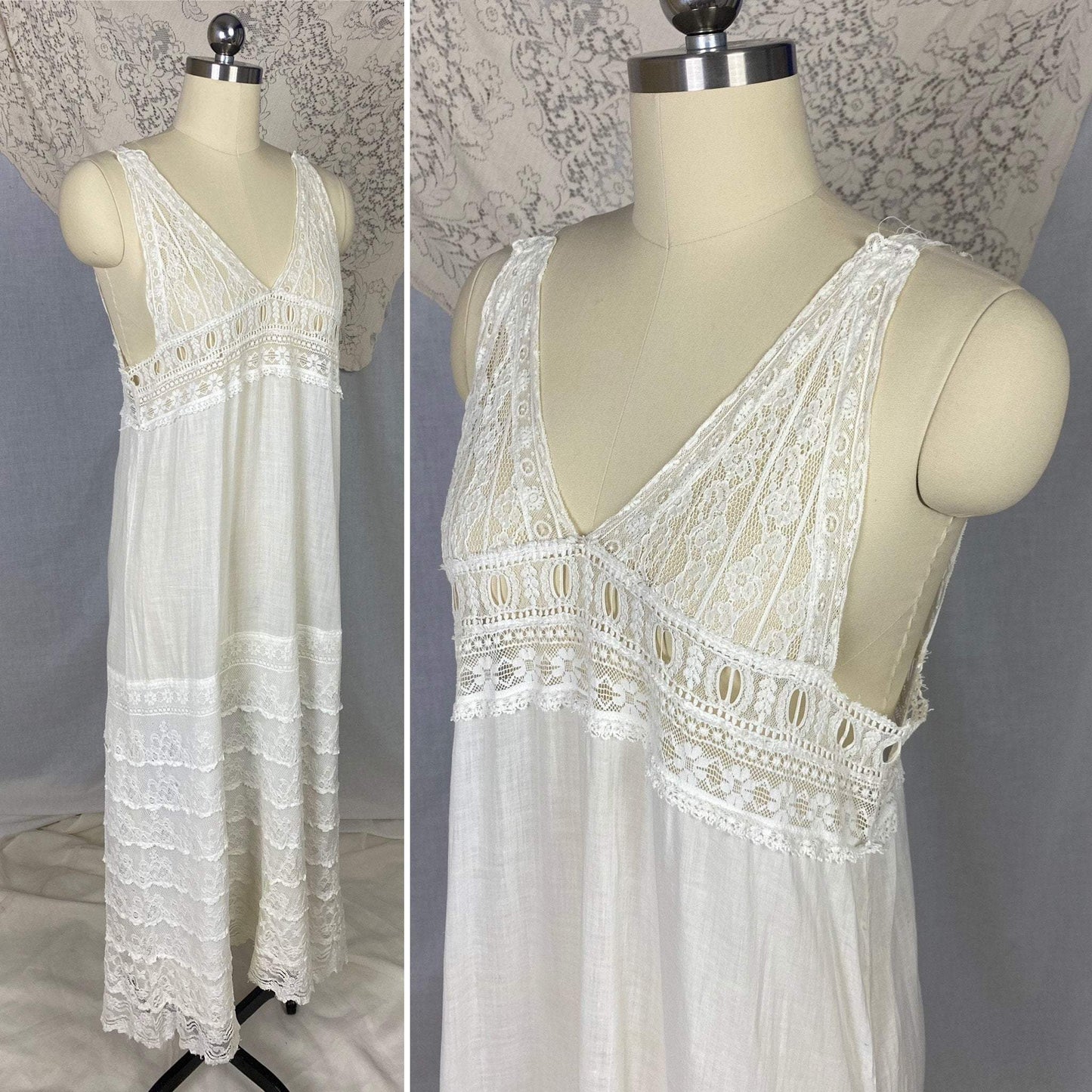 Antique 1910's Edwardian Chemise | Bright White Cotton Lawn with Valenciennes Lace | Size S, M - Daggers & Dames