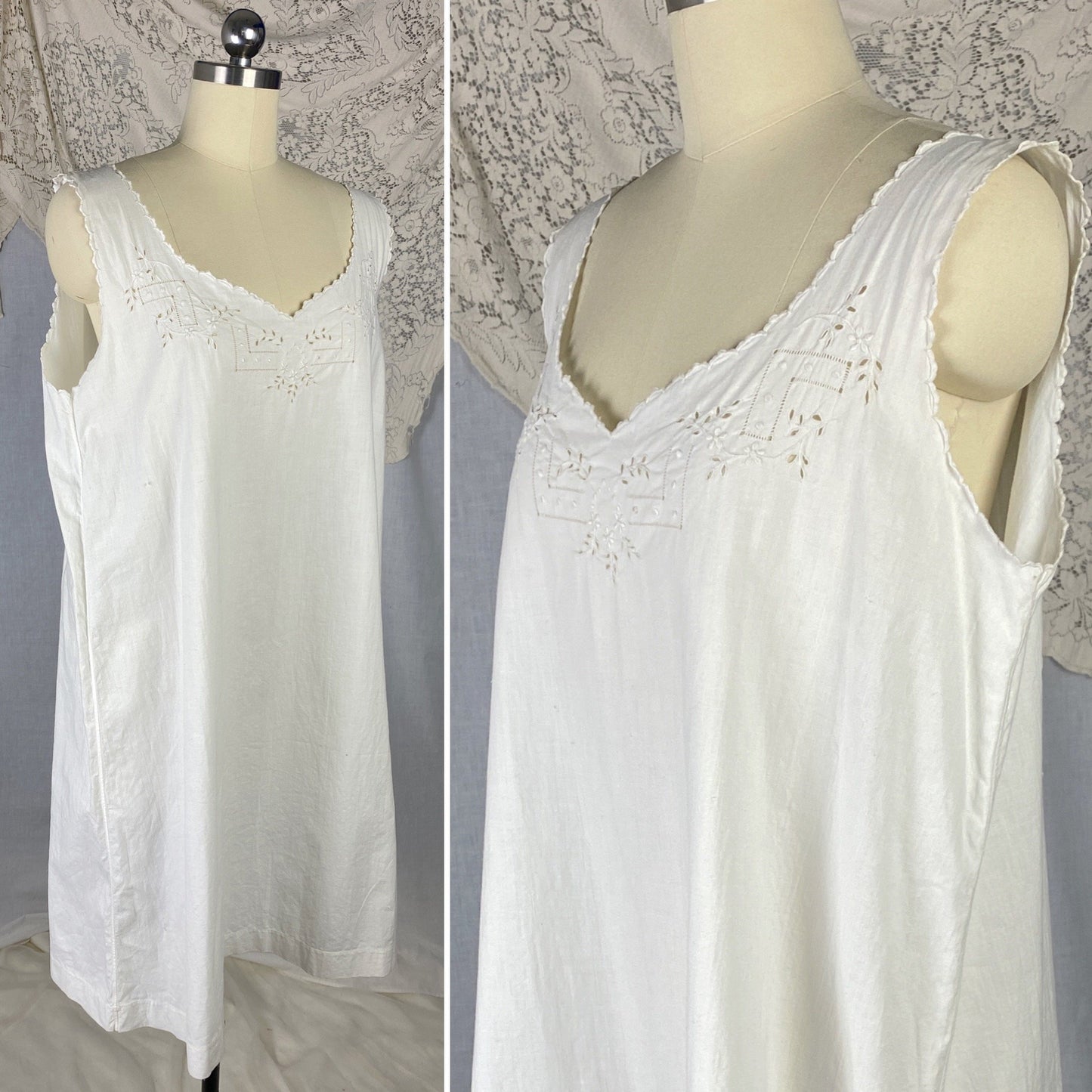 Antique 1910's Edwardian Chemise | Crisp White Cotton with Embroidery | Size Free - Daggers & Dames
