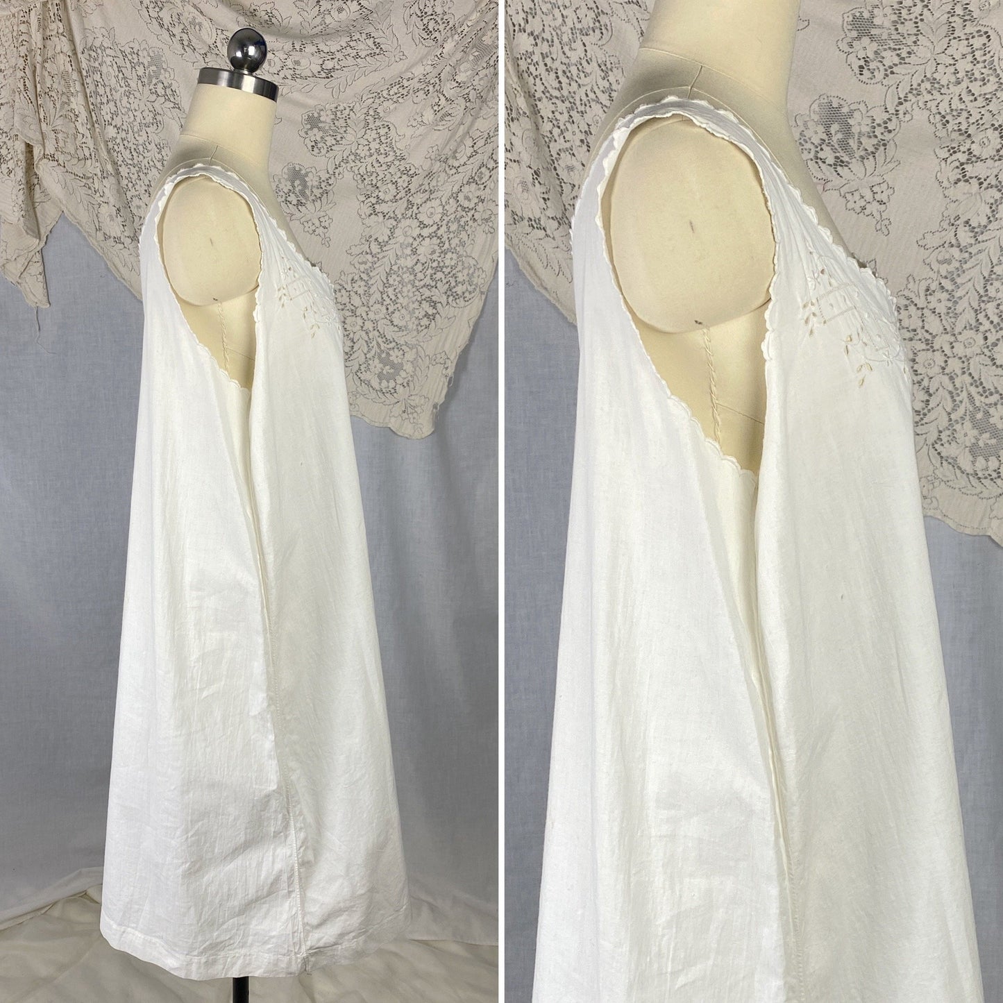 Antique 1910's Edwardian Chemise | Crisp White Cotton with Embroidery | Size Free - Daggers & Dames