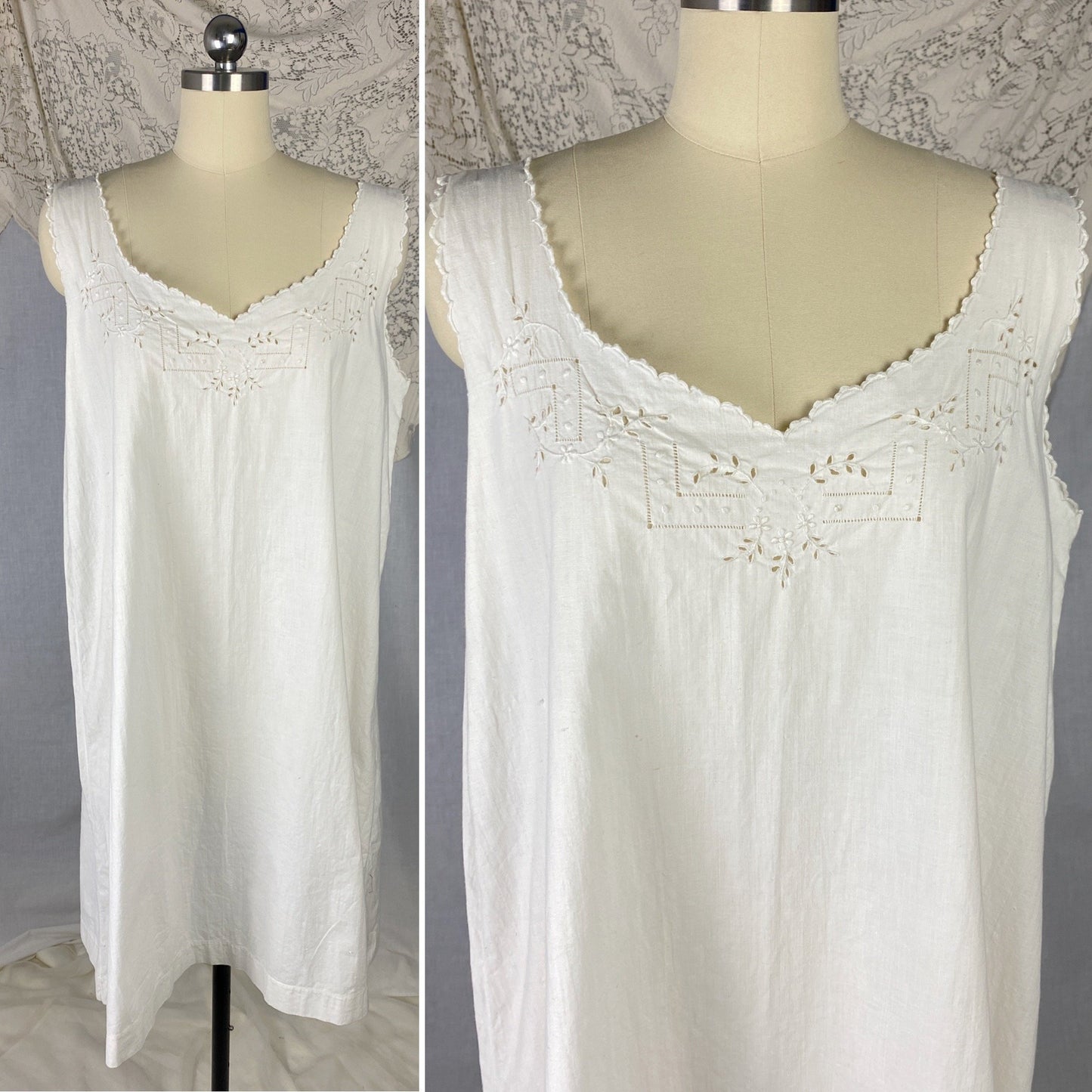 Antique 1910's Edwardian Chemise | Crisp White Cotton with Embroidery | Size Free - Daggers & Dames