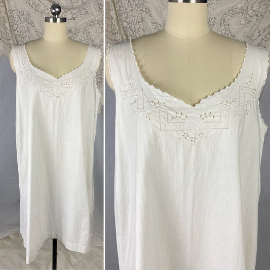 Antique 1910's Edwardian Chemise | Crisp White Cotton with Embroidery | Size Free - Daggers & Dames