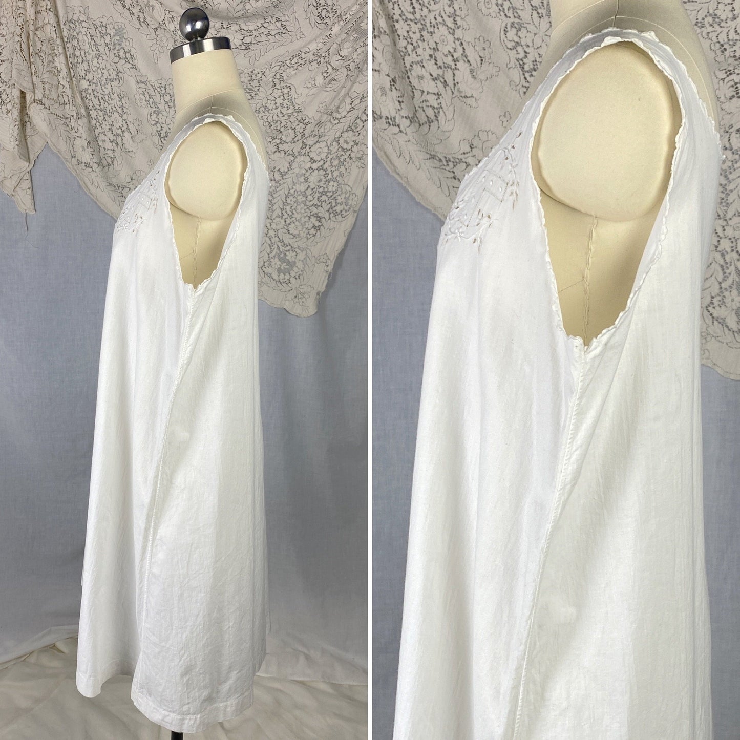 Antique 1910's Edwardian Chemise | Crisp White Cotton with Embroidery | Size Free - Daggers & Dames