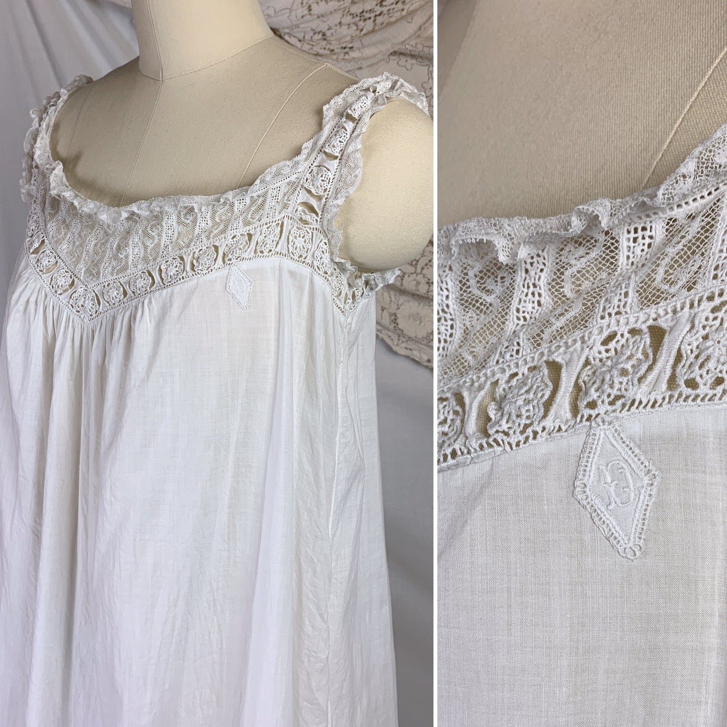 Antique 1910's Edwardian Chemise & Drawers Set | Soft Monogrammed White Cotton with Valenciennes Lace | Size XS, SM - Daggers & Dames