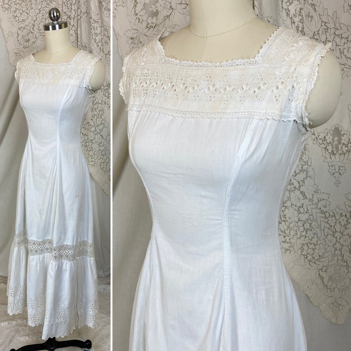 Antique 1910's Edwardian Chemise Gown | Crisp White Cotton with Eyelet Lace & Button Closure | Size XXS - Daggers & Dames