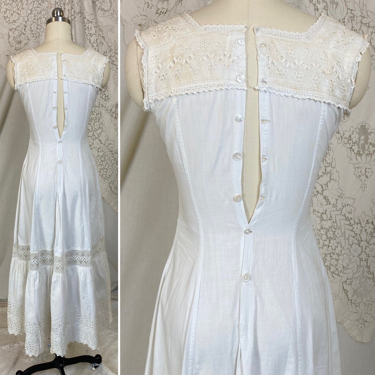 Antique 1910's Edwardian Chemise Gown | Crisp White Cotton with Eyelet Lace & Button Closure | Size XXS - Daggers & Dames