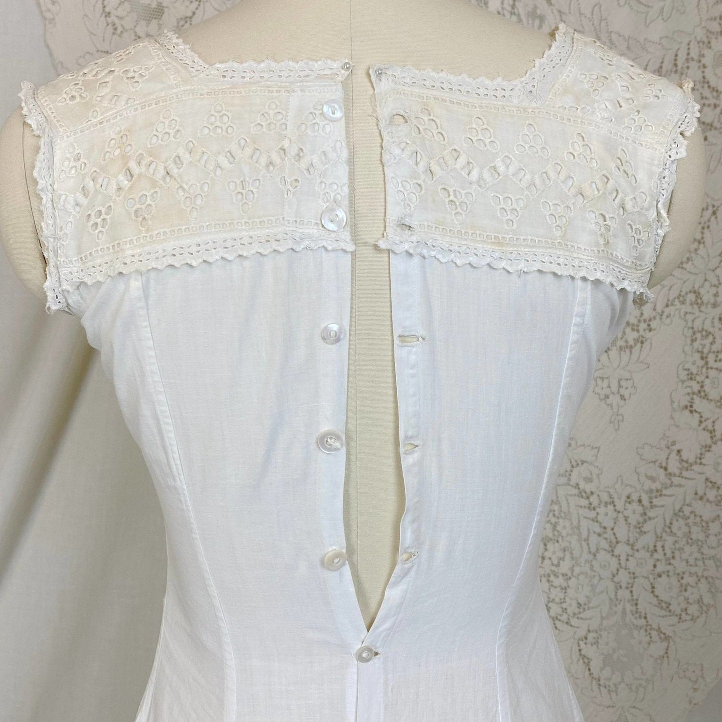 Antique 1910's Edwardian Chemise Gown | Crisp White Cotton with Eyelet Lace & Button Closure | Size XXS - Daggers & Dames