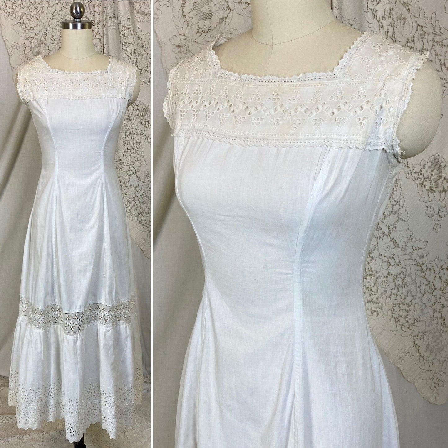 Antique 1910's Edwardian Chemise Gown | Crisp White Cotton with Eyelet Lace & Button Closure | Size XXS - Daggers & Dames