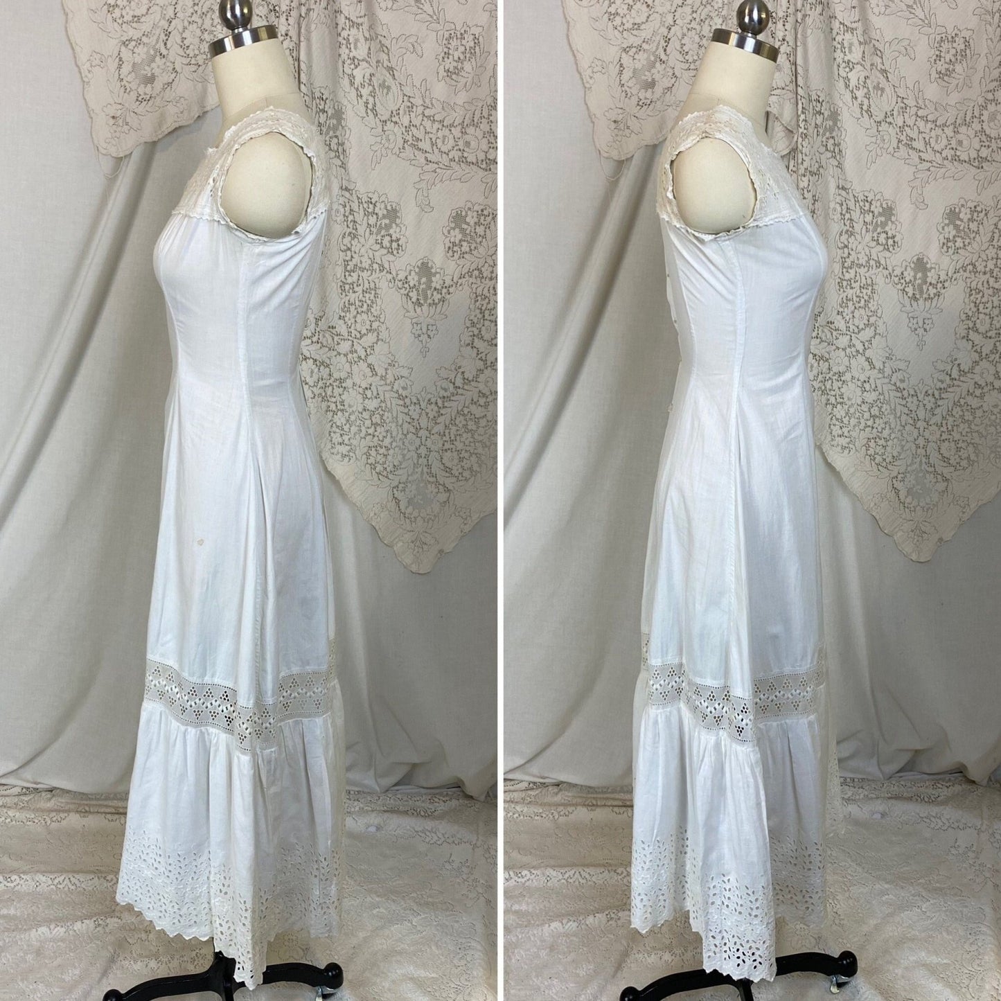 Antique 1910's Edwardian Chemise Gown | Crisp White Cotton with Eyelet Lace & Button Closure | Size XXS - Daggers & Dames
