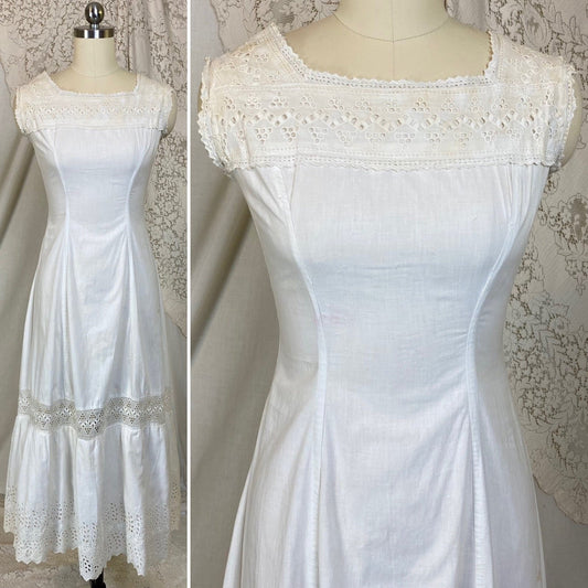 Antique 1910's Edwardian Chemise Gown | Crisp White Cotton with Eyelet Lace & Button Closure | Size XXS - Daggers & Dames