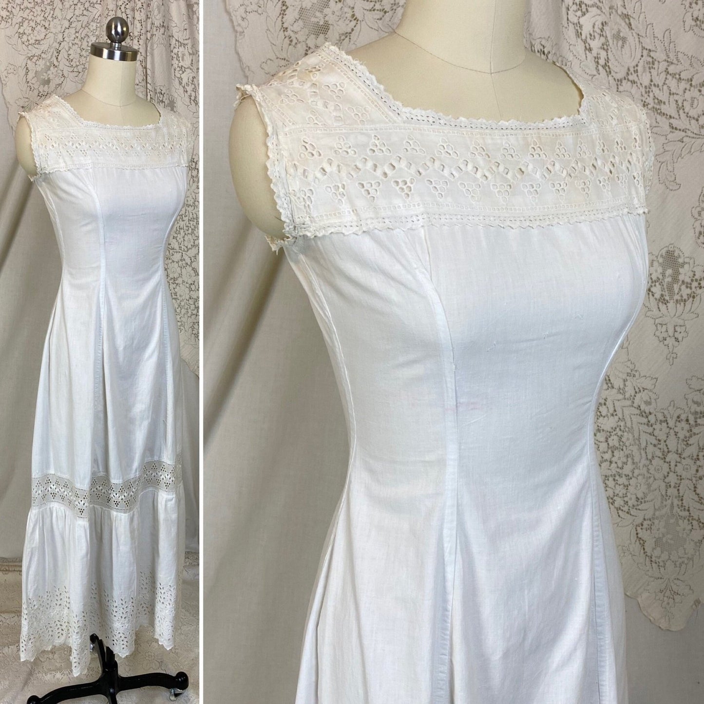 Antique 1910's Edwardian Chemise Gown | Crisp White Cotton with Eyelet Lace & Button Closure | Size XXS - Daggers & Dames